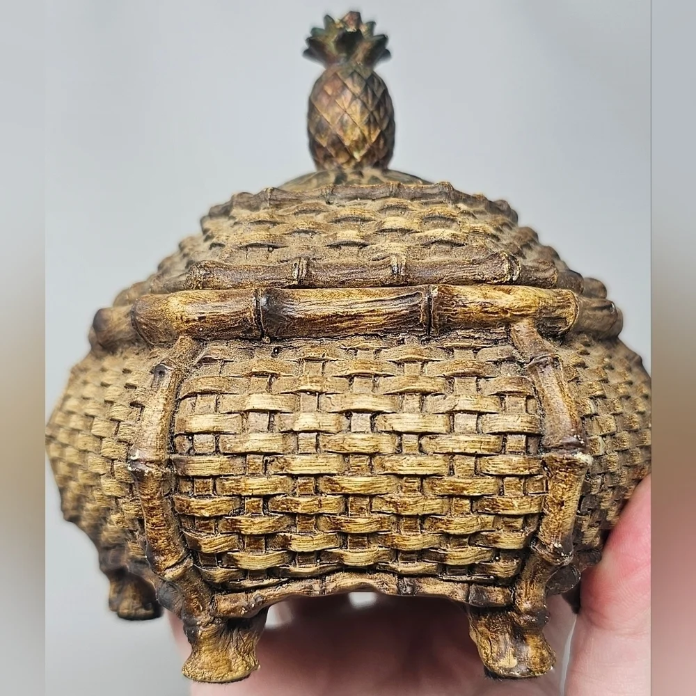 Unique Vintage Trinket Jewelry Box Chinese Style Woven Pineapple Lid Footed
